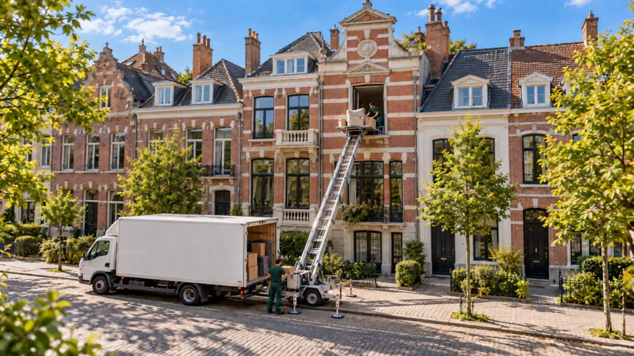 Ladderlift aan een Vlaams herenhuis, een witte bestelwagen en twee medewerkers die een woning leegmaken
