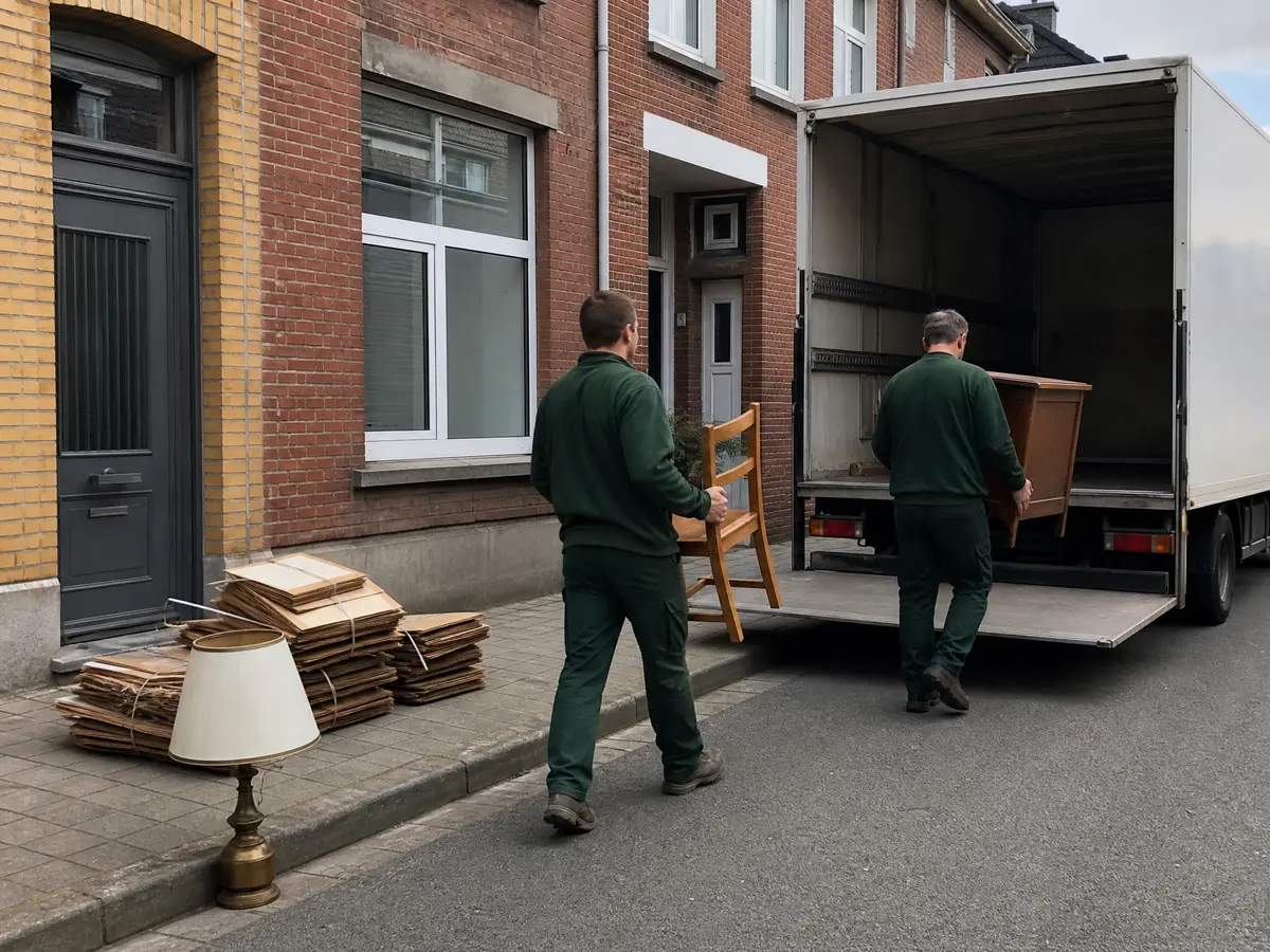 Herbruikbare stoel en kastje worden voor een rijwoning opgehaald bij het gratis deel van het leeghalen na een overlijden