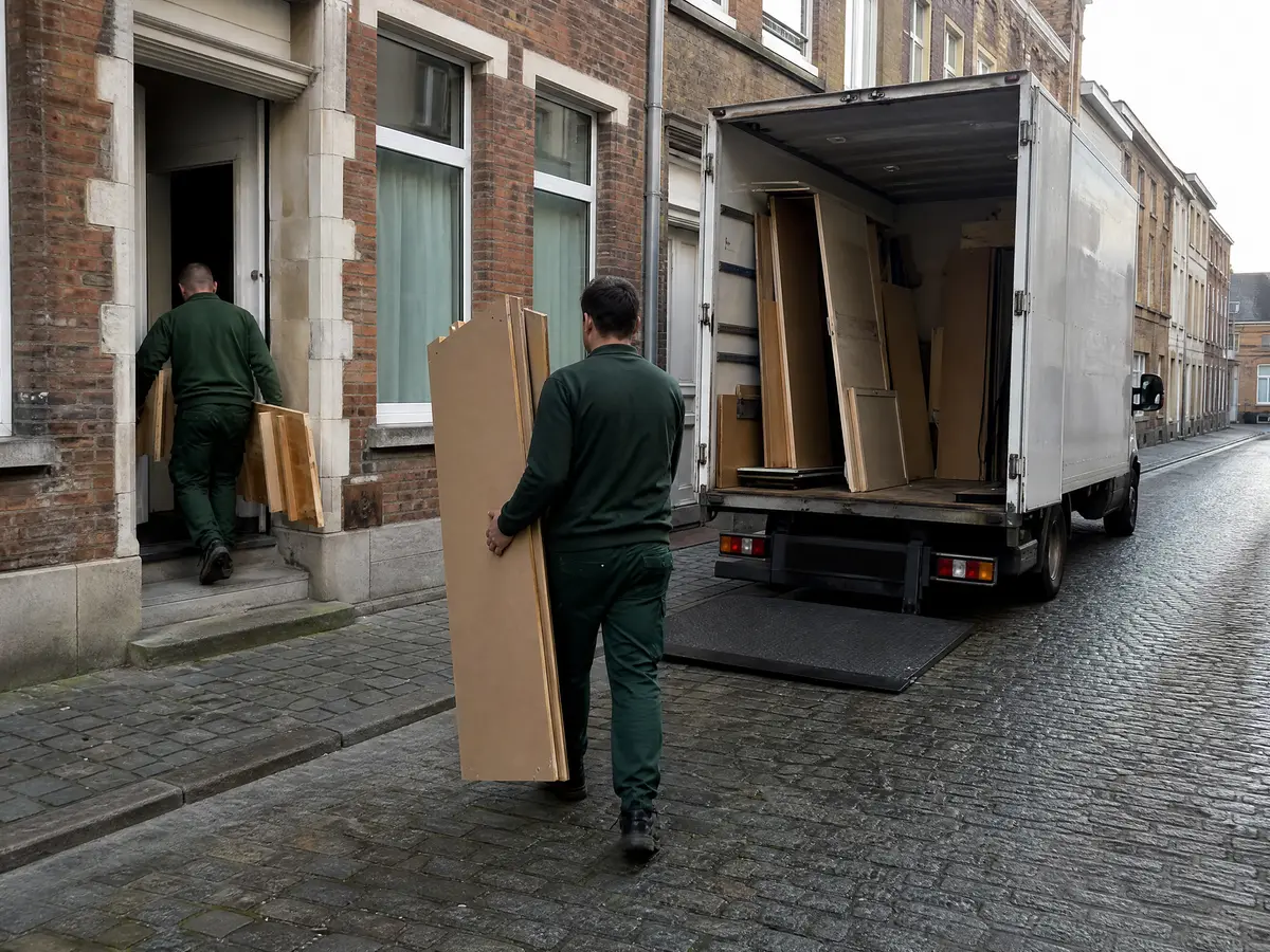 Smalle straat in Leuven met rijwoningen, twee werkmannen dragen een uit elkaar gehaalde kast naar een witte vrachtwagen